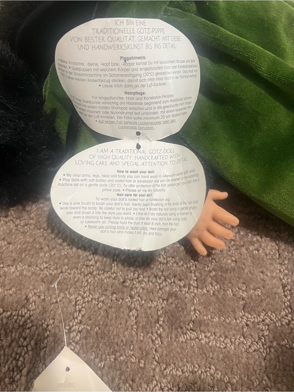 Vintage Götz Doll Blonde Hair Green Velvet Dress w/ Faux Fur Trim Germany - Picture 9 of 12